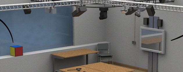 3D render of room showing lighting rig, touch screen and Ensemble sensors